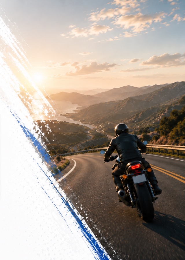 Motorcyclist riding a mountain road at sunset