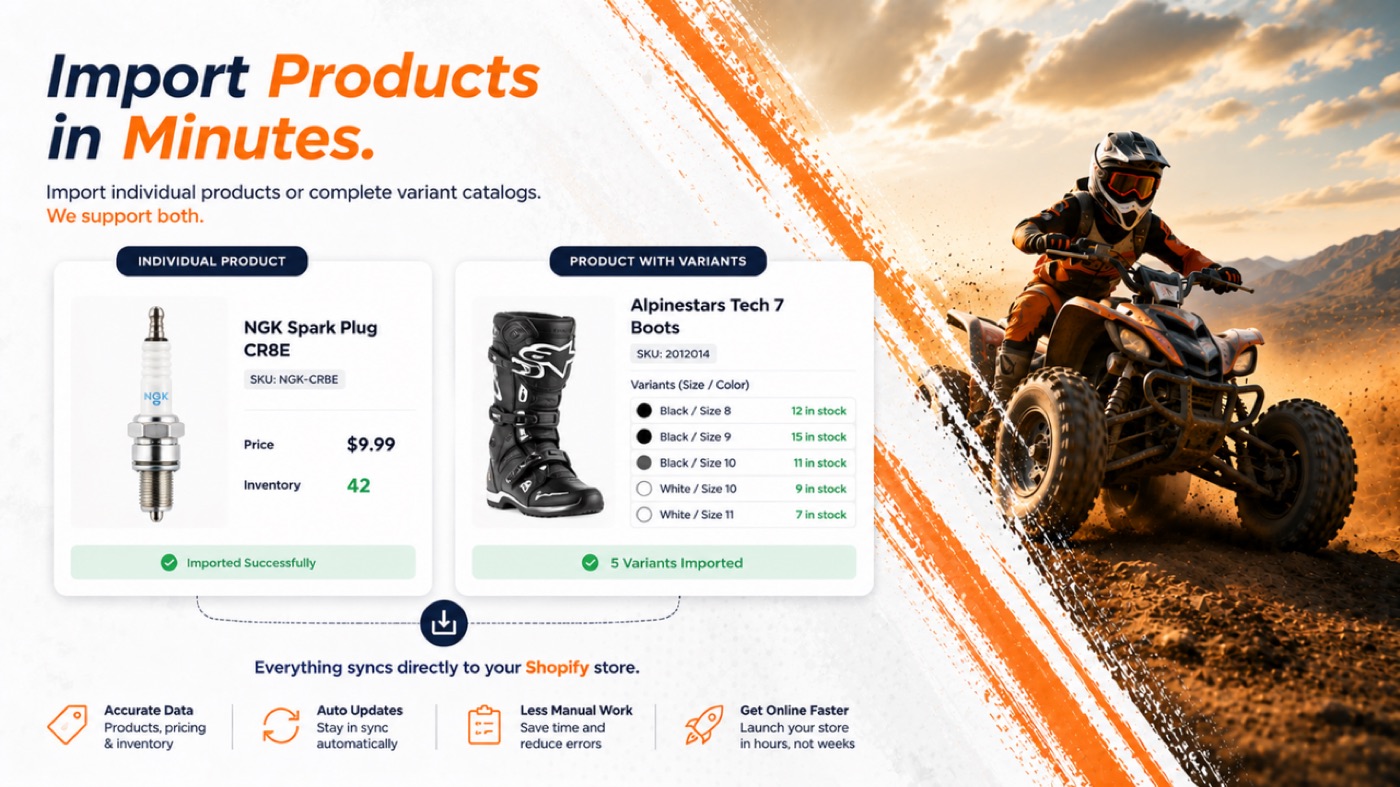 Import Products in Minutes: an NGK spark plug imported as a single product and Alpinestars Tech 7 boots imported with five variants.